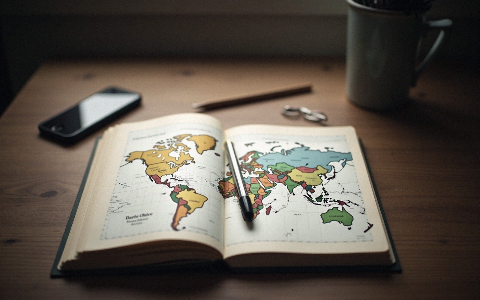 Open atlas showing a world map with a pen on a wooden desk beside a phone