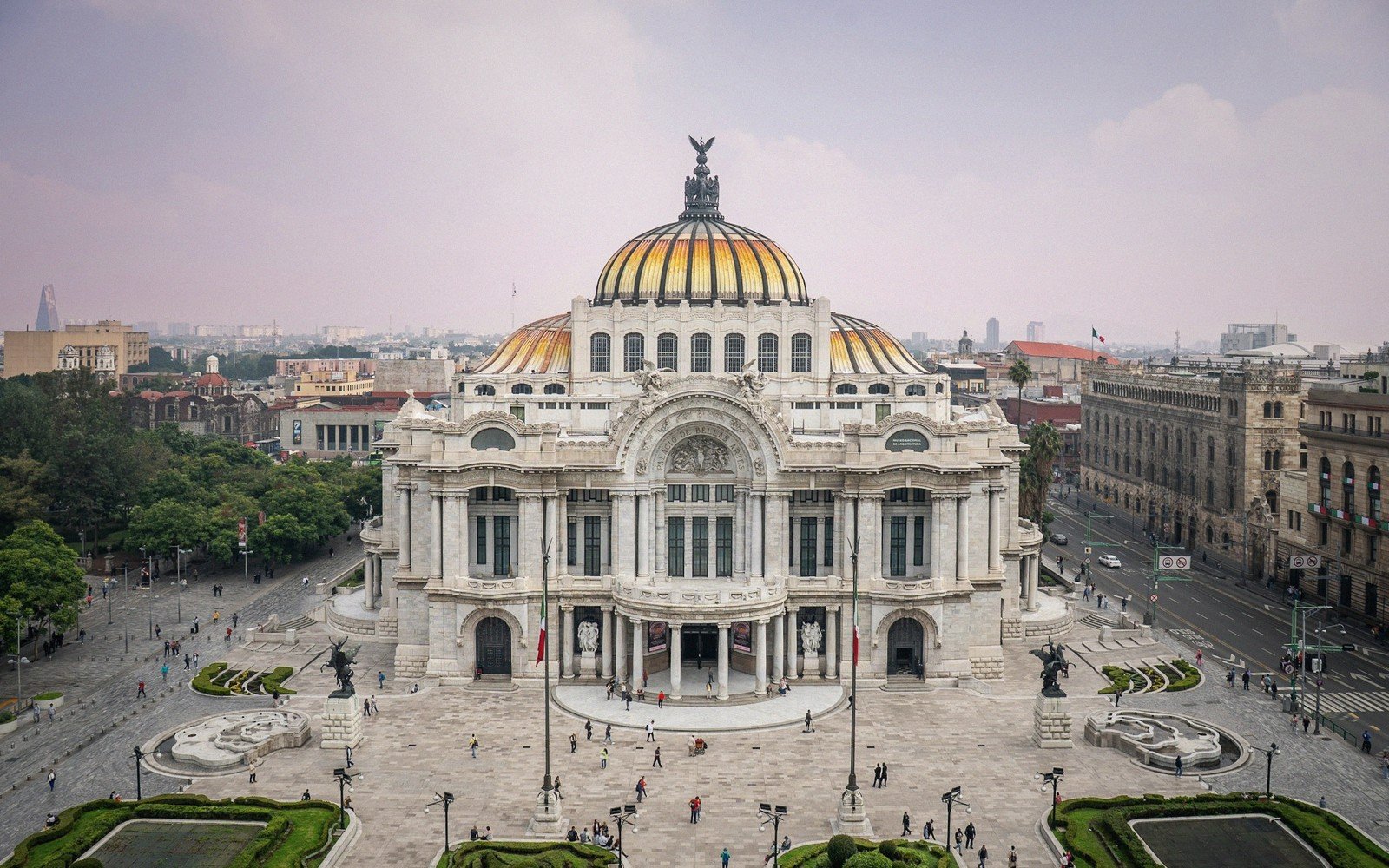 Aerial view of the Palacio de Bellas Artes with its golden dome in Mexico City
